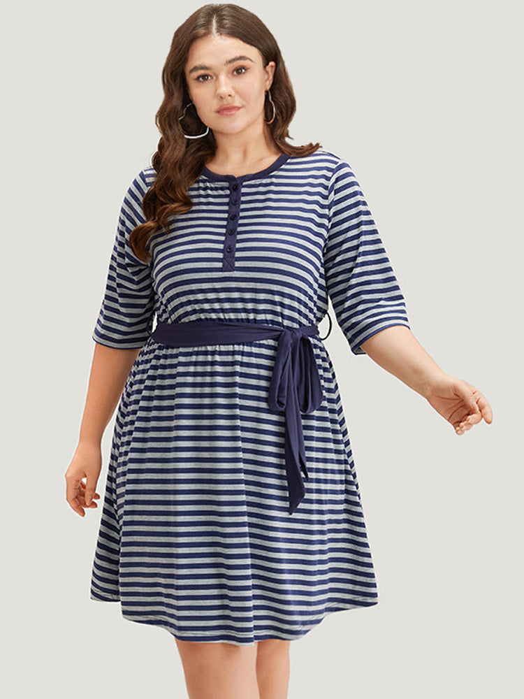 Striped Pocket Button Up Belted Crew Neck Dress