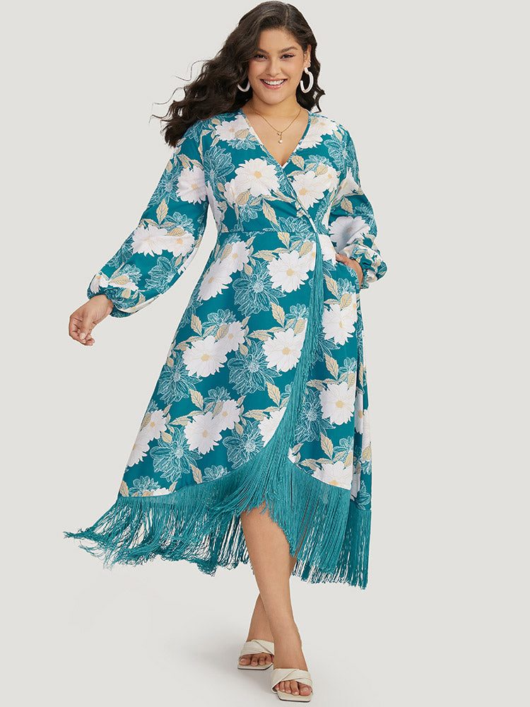 Floral Print Wrap Tassel Trim Lantern Sleeve Dress