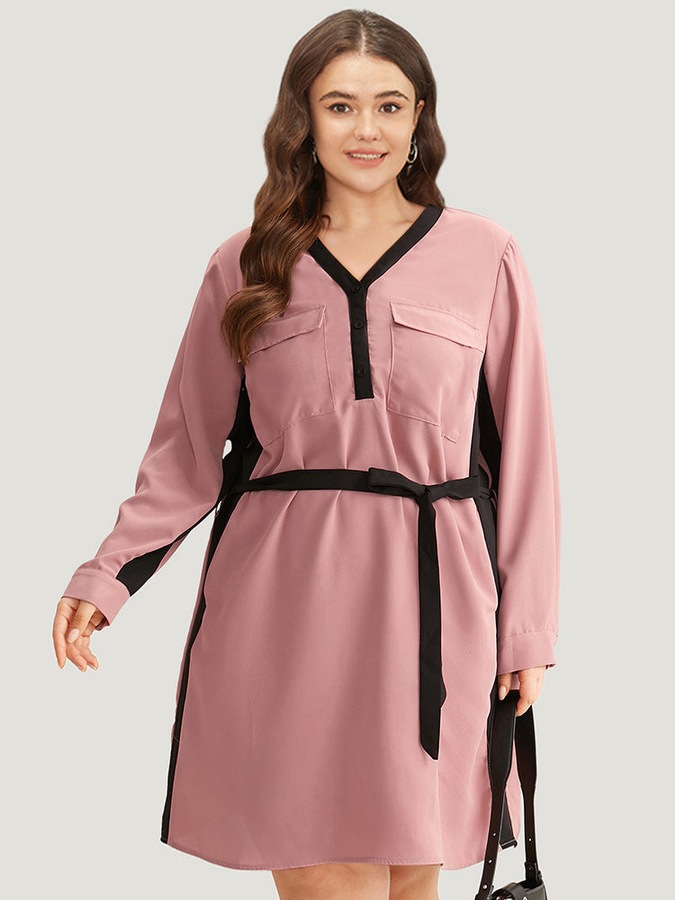 Twill Two Tone Metal Button Up Belted Dress