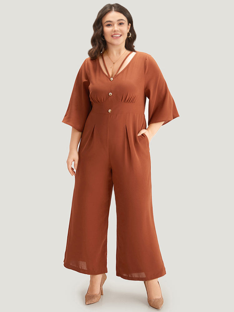 Plain Crisscross Plicated Detail Flutter Sleeve Jumpsuits