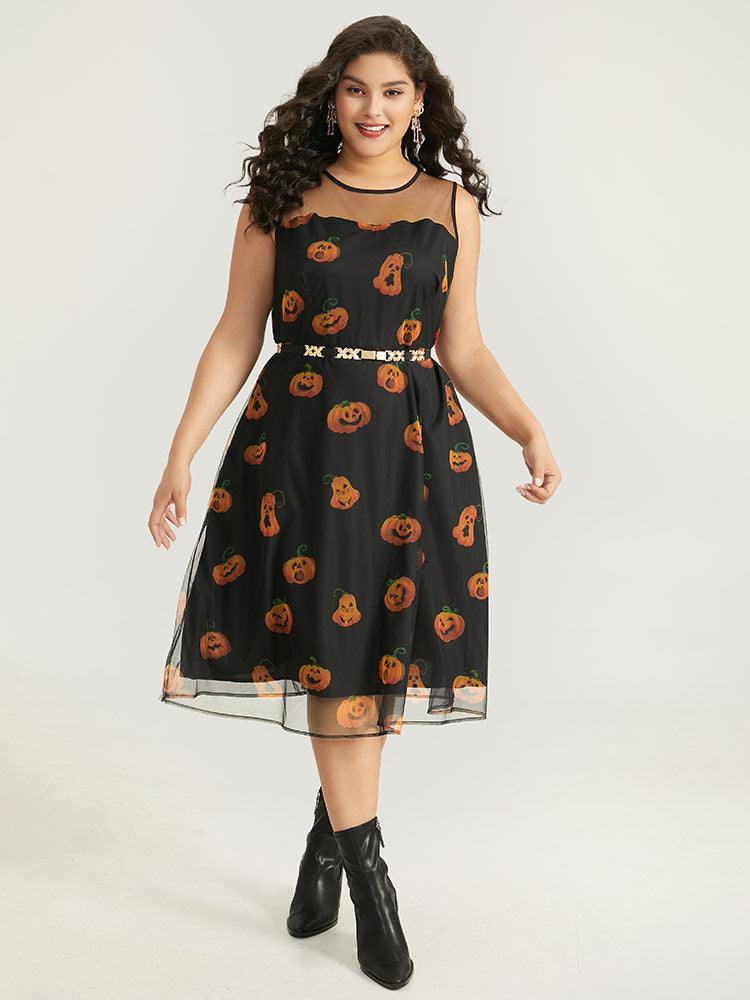 Halloween Pumpkin Print Mesh Patchwork Tank Dress