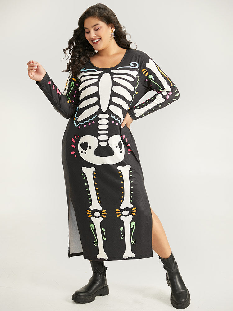 Halloween Skull Print Round Neck Split Hem Dress