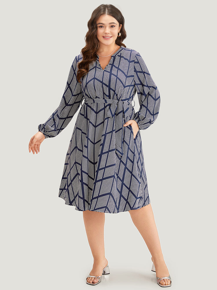 Polka Dot Geometric Belted Lantern Sleeve Dress