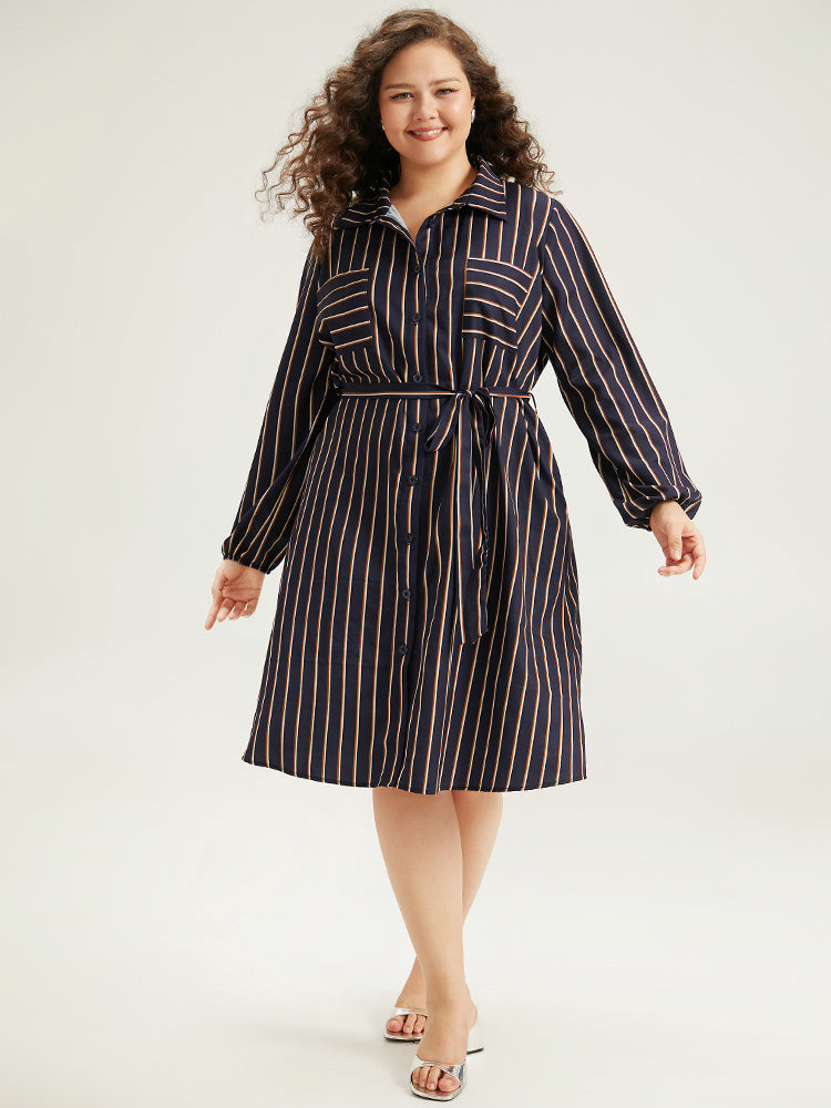 Striped Belted Lantern Sleeve Button Through Dress