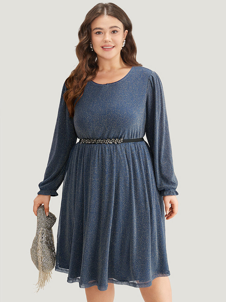 Glitter Crew Neck Pocket Pleated Dress