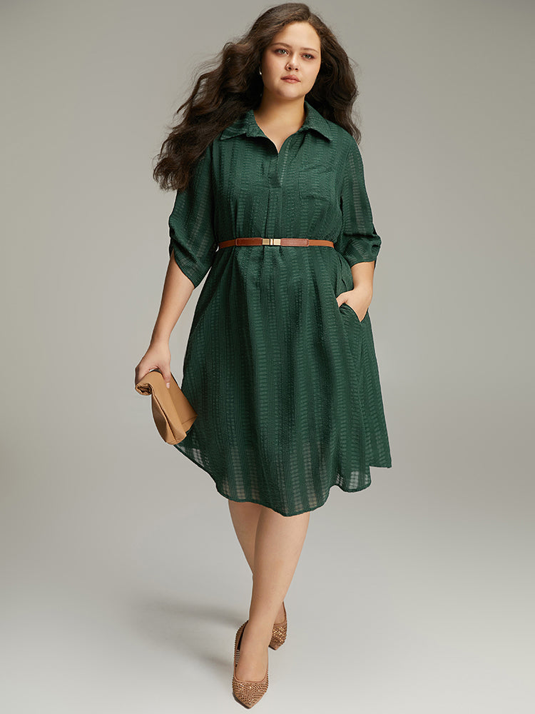 Solid Textured Pocket Tab Sleeve Arc Hem Dress