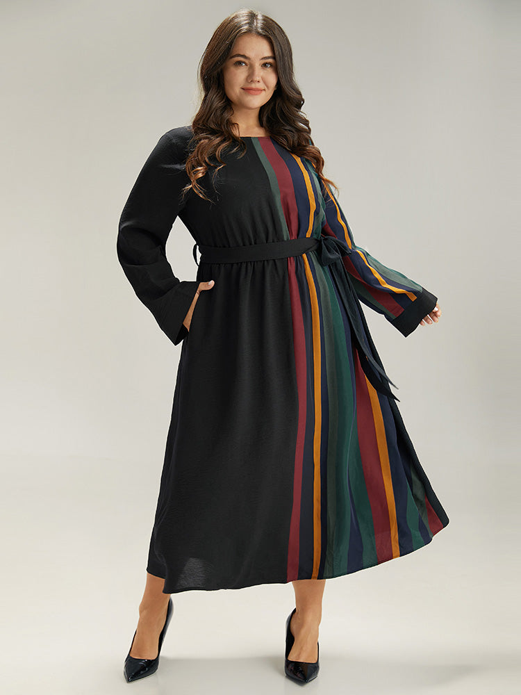 Striped Pocket Patchwork Belted Elastic Waist Dress