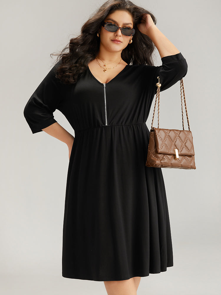 Plain Pocket Elastic Waist Zipper Dress