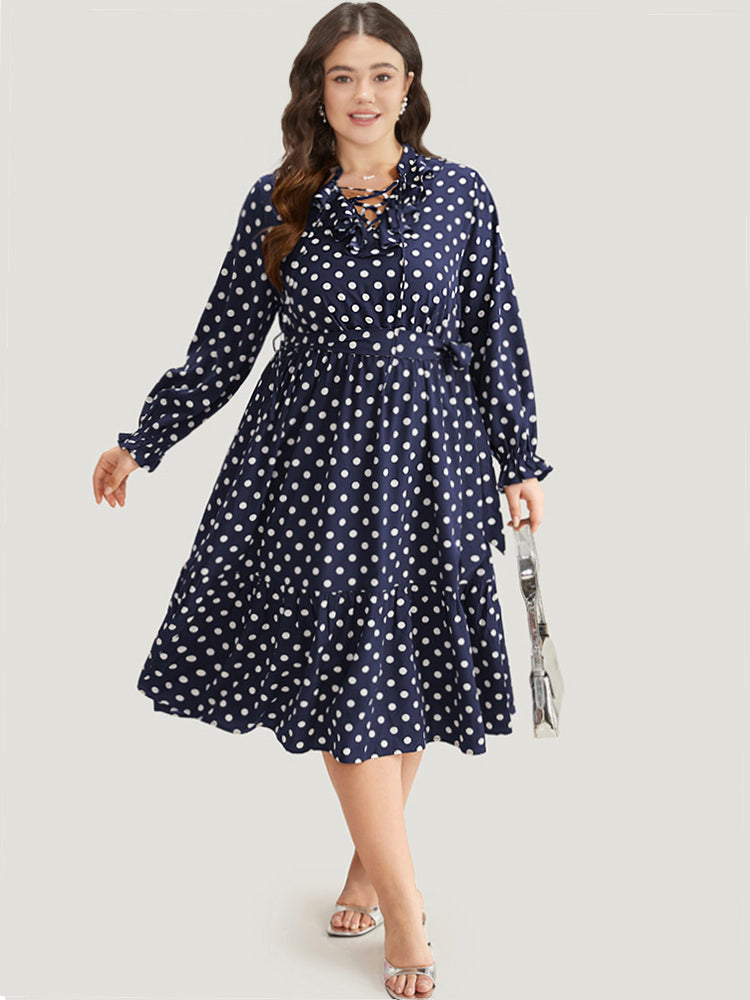 Polka Dot Ruffle Trim Belted Lace Up Dress