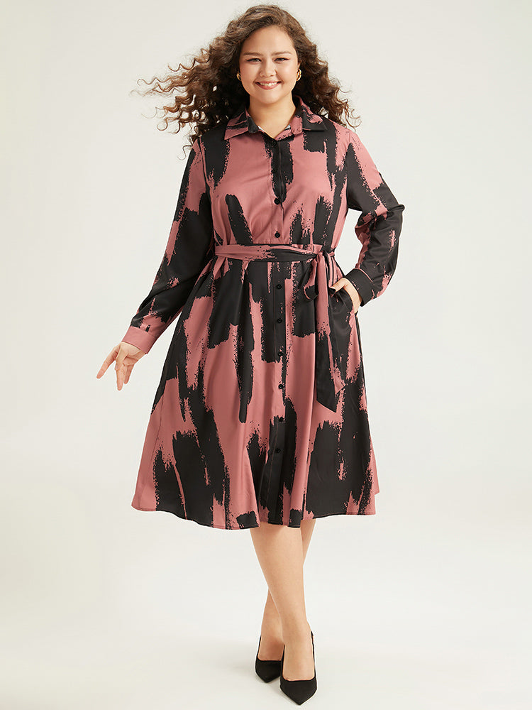 Brush Print Shirt Collar Pocket Belted Dress