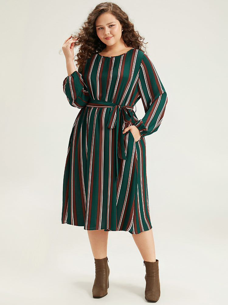 Striped Contrast Crew Neck Belted Dress