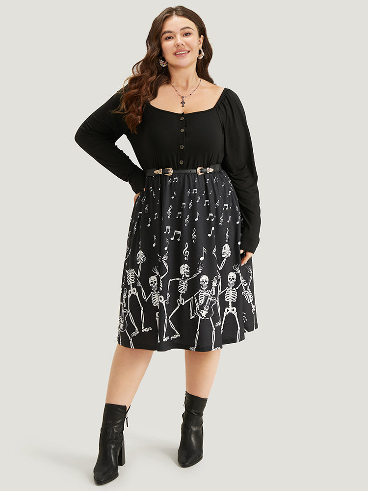 Halloween Skull Print Pocket Button Up Square Neck Dress