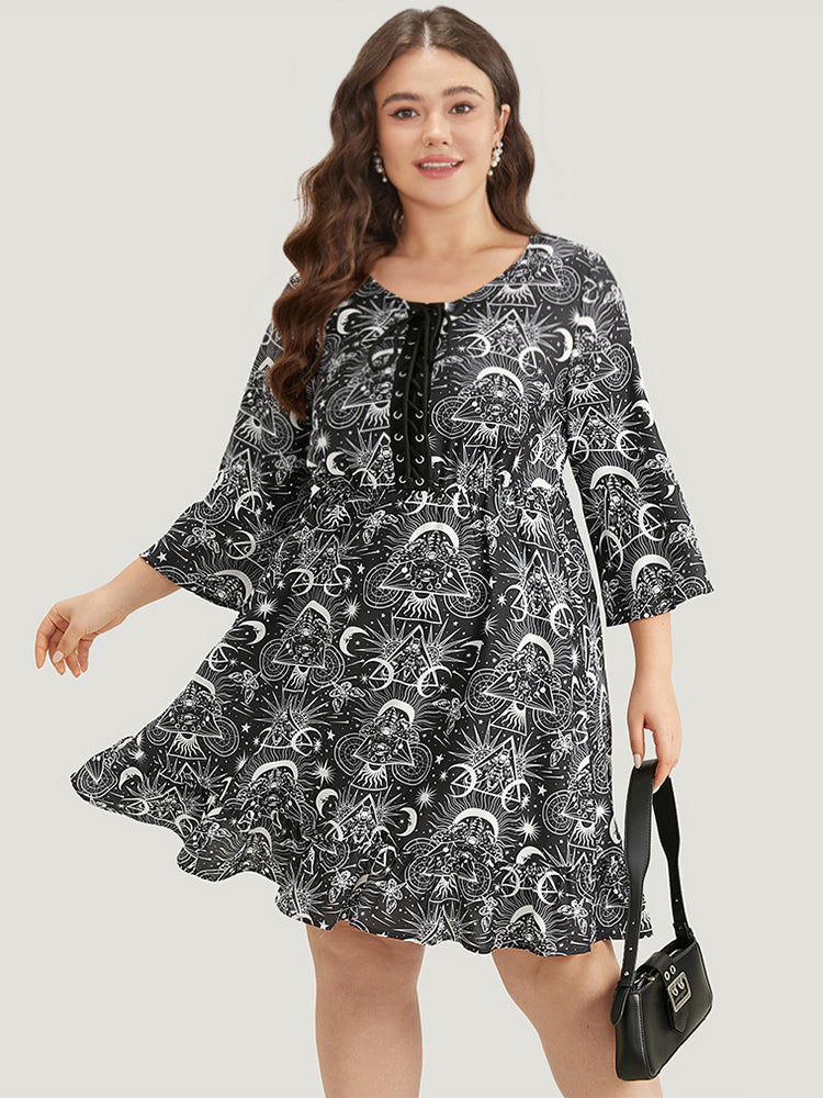 Halloween Moon & Star Lace Up Pocket Bell Sleeve Dress