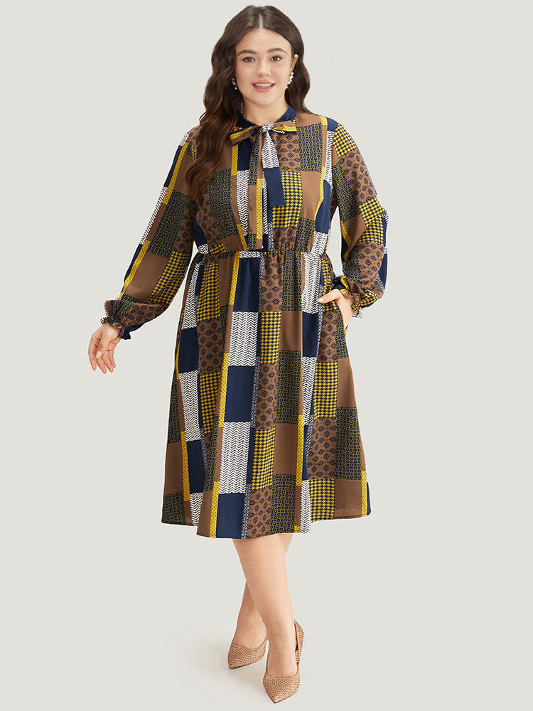 Colorblock Patchwork Lantern Sleeve Knot Dress