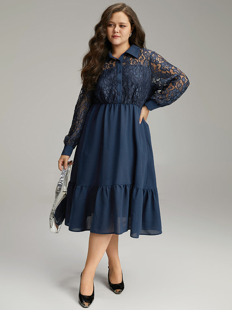 Contrast Lace Shirt Collar Ruffle Hem Dress