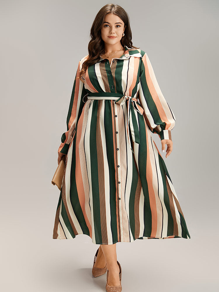 Striped Belted Shirt Collar Button Through Dress