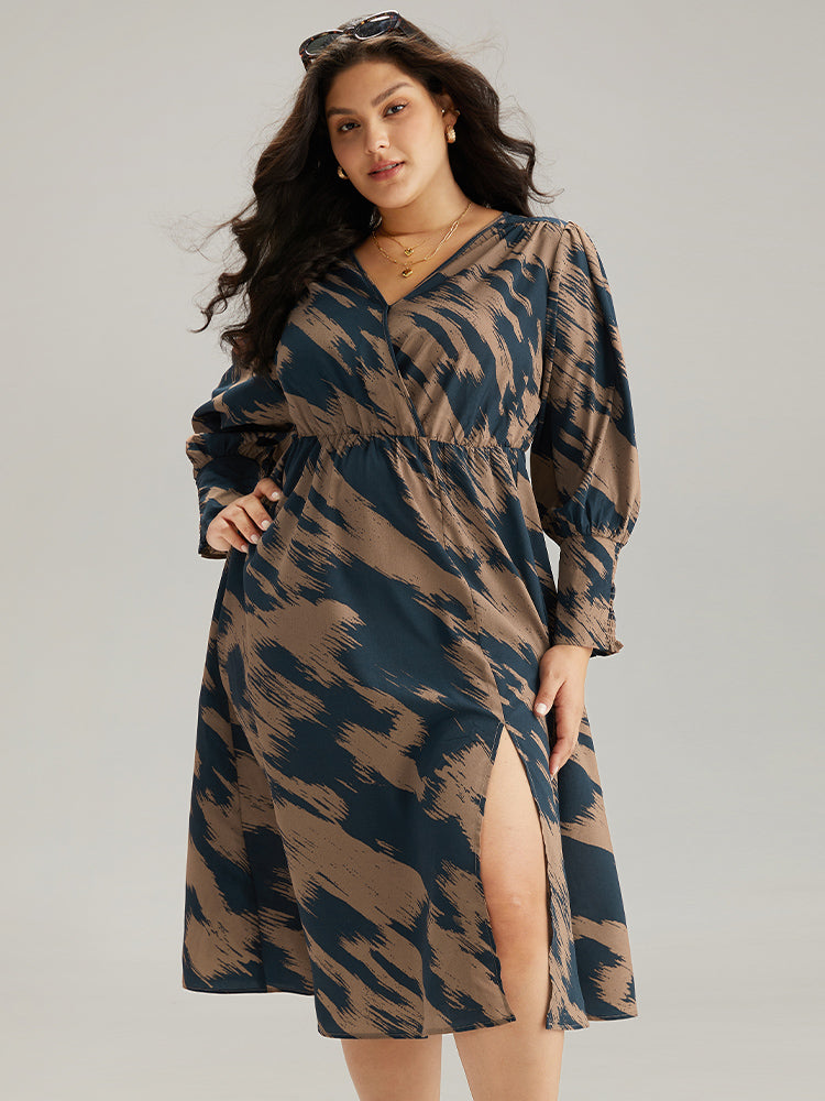 Brush Print Elastic Waist Wrap Split Hem Dress