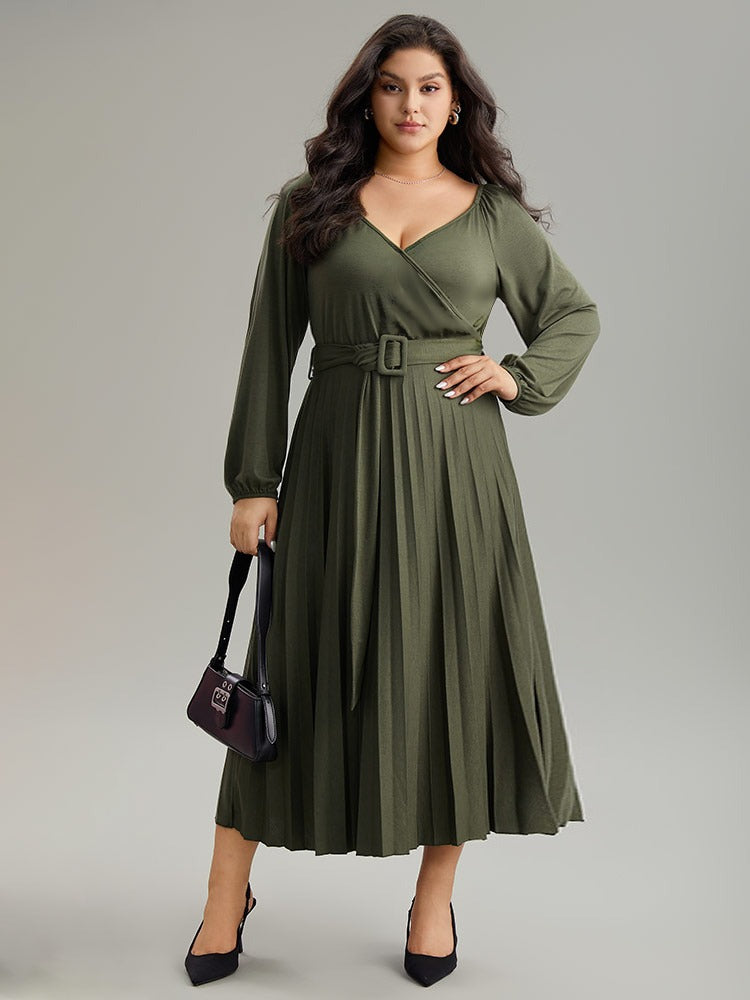 Solid Buckle Detail Lantern Sleeve Dress