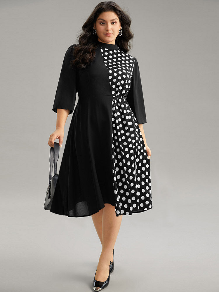 Polka Dot Patchwork Mock Neck Elastic Waist Dress