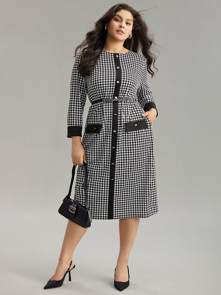 :Houndstooth Pocket Button Detail Dress