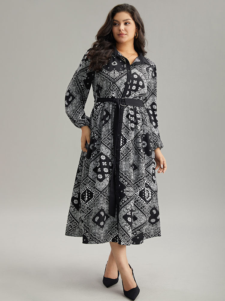 Moroccan Print Shirt Collar Belted Button Through Dress