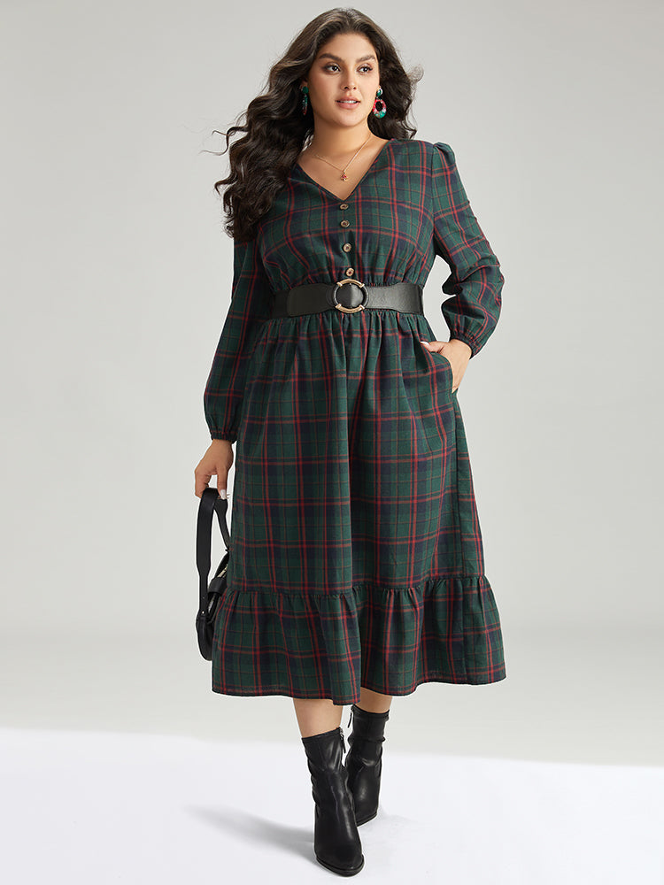 Plaid Shirred Button Detail Ruffle Hem Dress