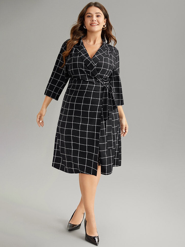 Plaid Suit Collar Pocket Ties Wrap Dress