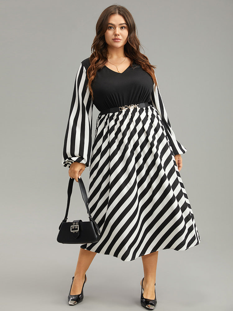 Striped Patchwork Elastic Waist Lantern Sleeve Dress