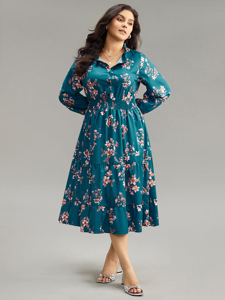 Floral Shirred Button Up Frill Trim Dress