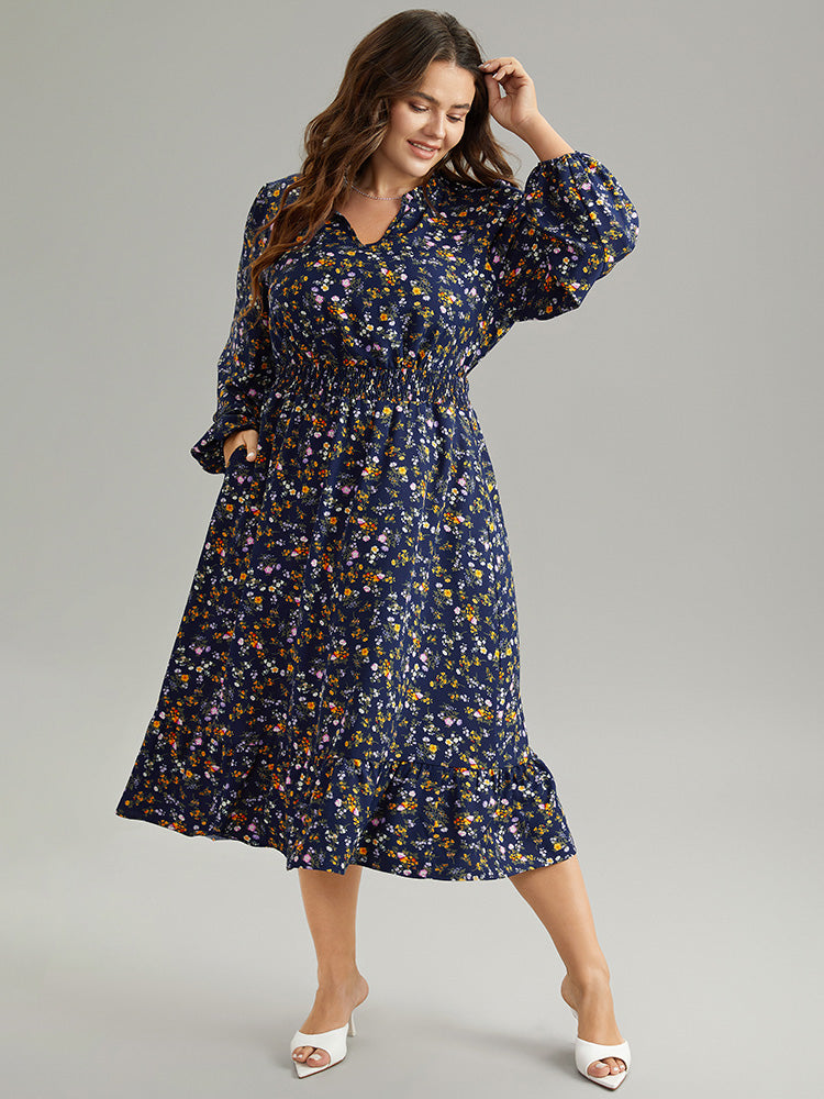 Ditsy Floral Notched Shirred Pocket Elastic Waist Dress