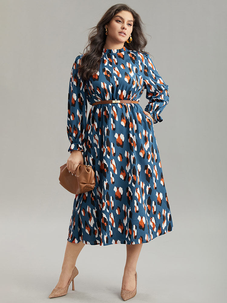 Allover Print Stand Collar Pocket Ruffles Dress