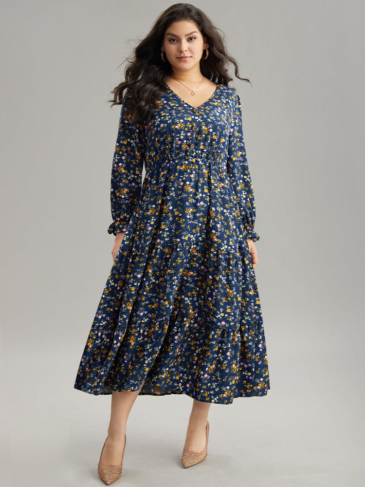 Ditsy Floral Button Detail Ruffles Pocket Dress