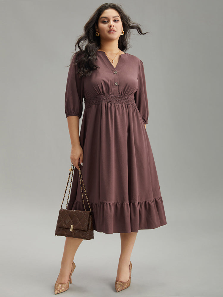 Solid Notched Lantern Sleeve Shirred Dress