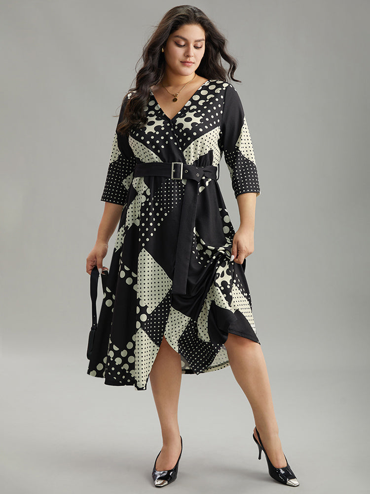 Polka Dot Geometric print Belted Wrap Dress