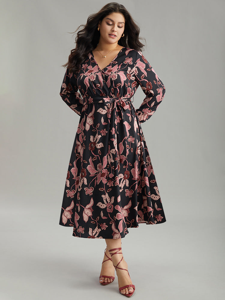 Floral Lantern Sleeve Belted Overlap Collar Dress