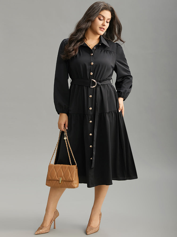 Anti-Wrinkle Shirt Collar Belted Metal Detail Dress