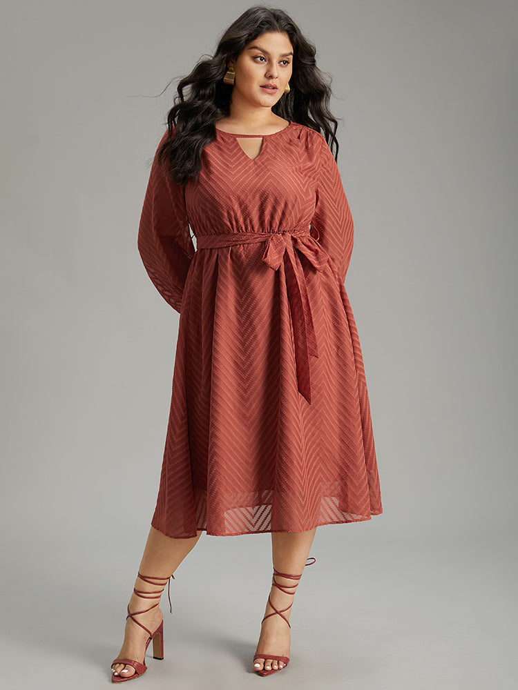 Plain Mesh Texture Keyhole Belted Lantern Sleeve Dress