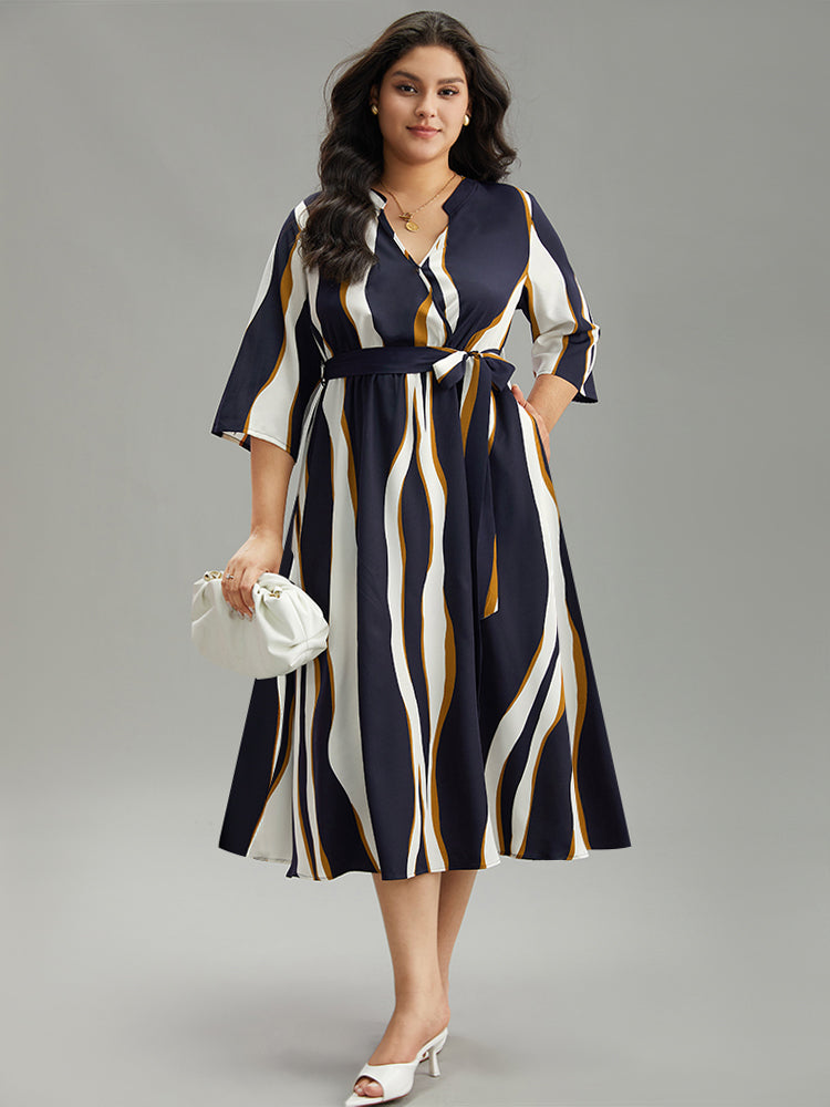 Water Ripple Belted Overlap Collar Pocket Dress