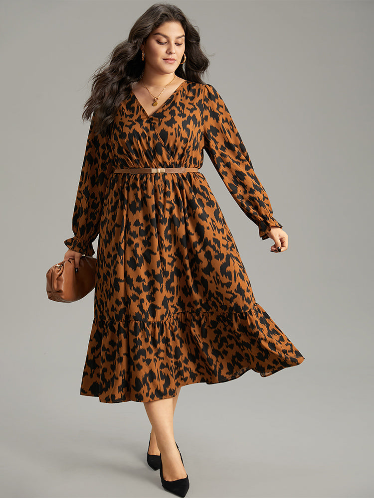 Overlap Collar Leopard Gathered Ruffles Dress