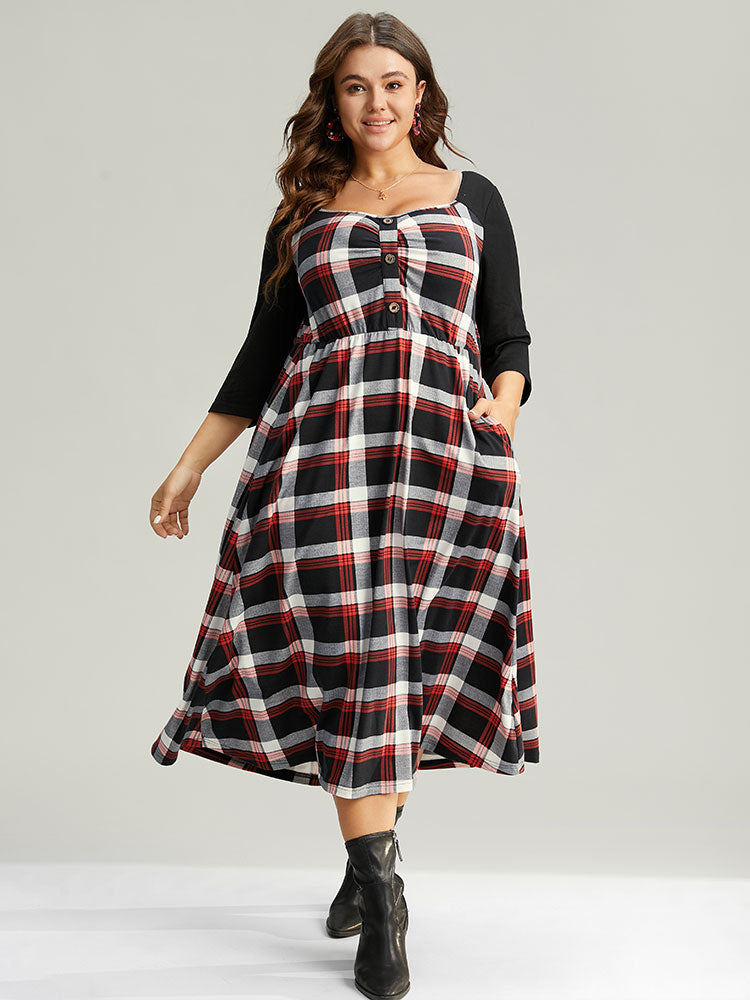 Christmas Plaid Patchwork Pleated Square Neck Dress