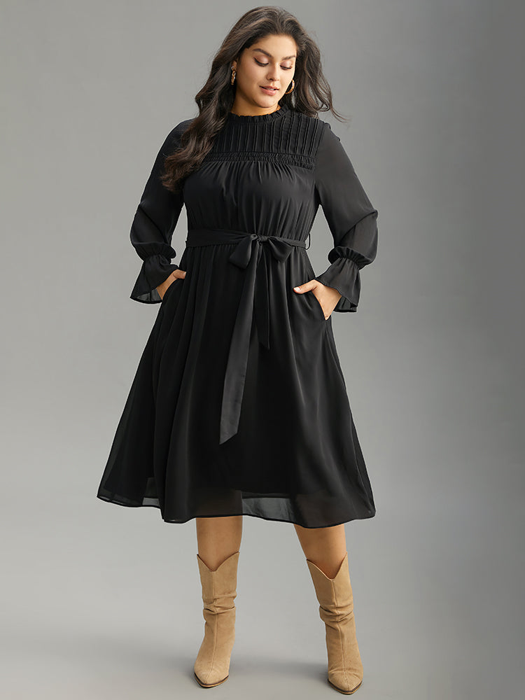 Plain Pleated Stand Collar Shirred Ruffles Dress