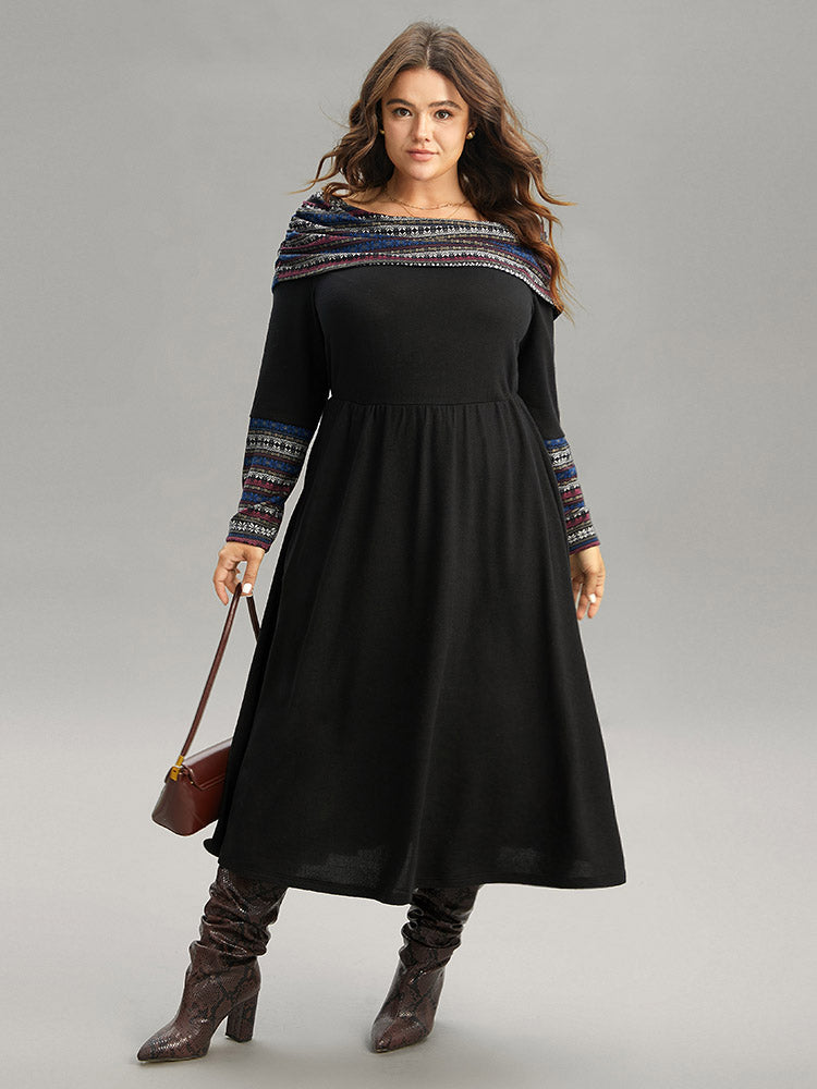 Boat Neck Striped Contrast Gathered Dress