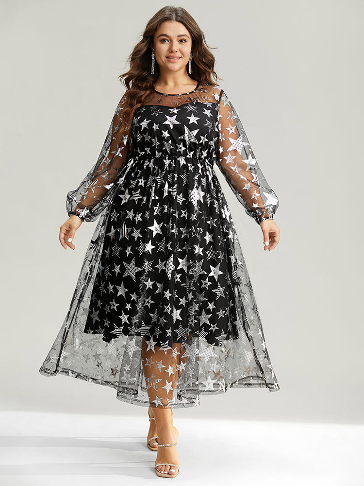 Christmas Star Mesh Patchwork Lantern Sleeve Dress