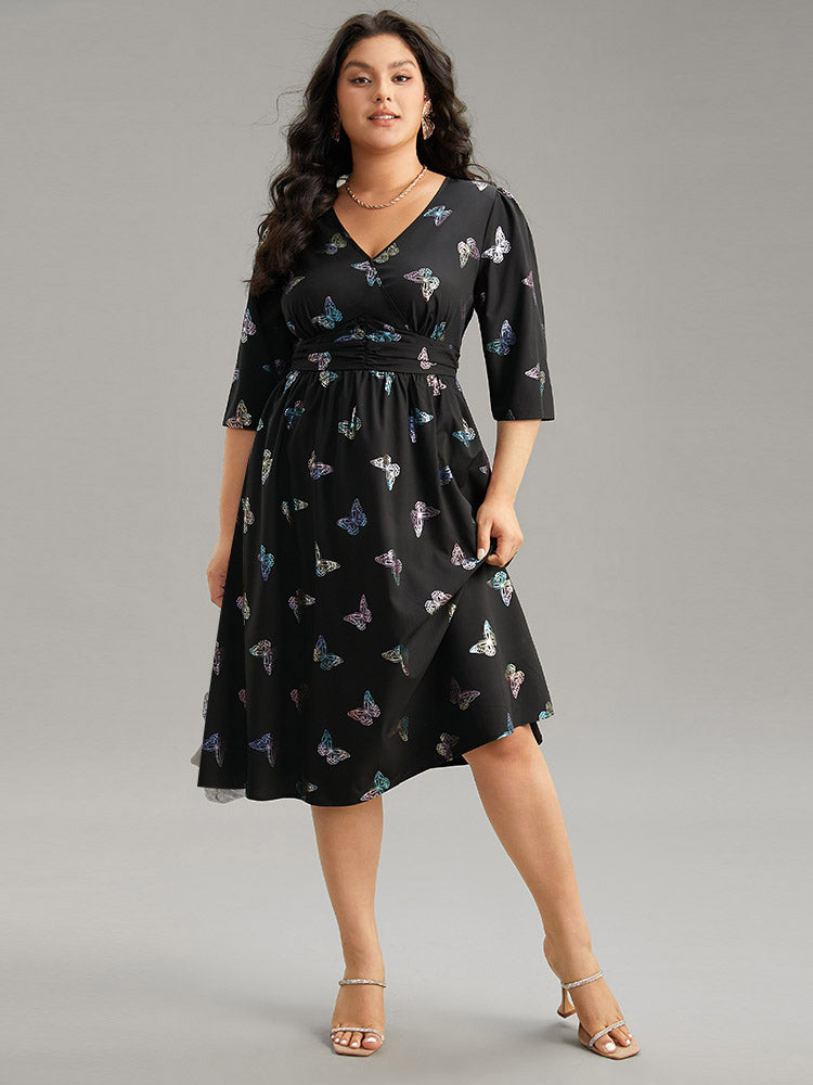 Butterfly Glitter V Neck Ruched Dress