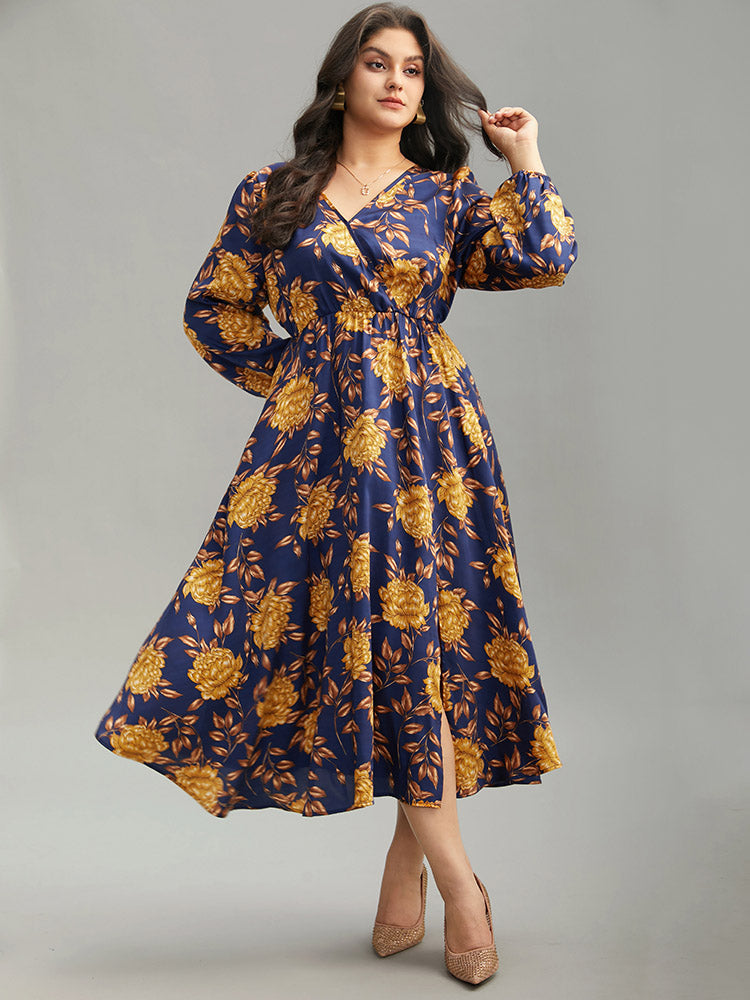 Floral Elastic Waist Wrap Split Hem Dress