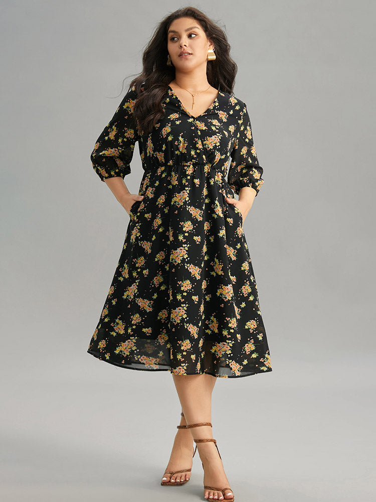 Floral Overlap Collar Pocket Elastic Waist Dress