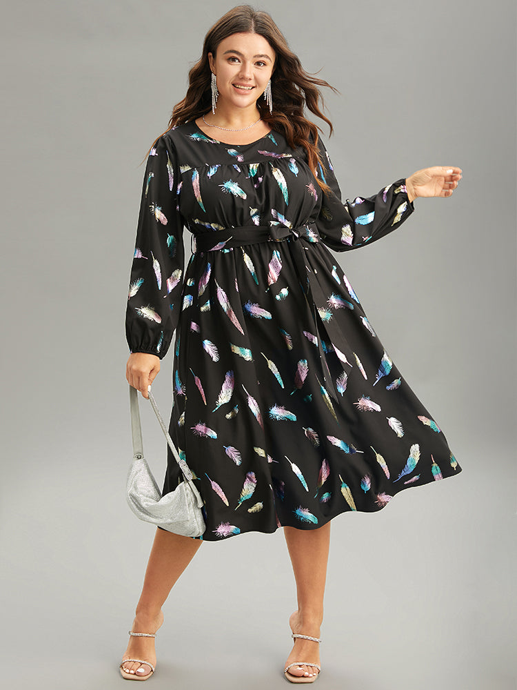 Glitter Feather Print Pocket Elastic Waist Dress