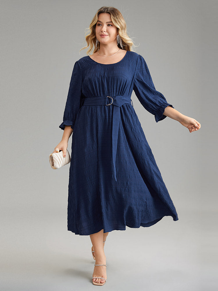 Plain Texture Belted Scoop Neck Jacquard Dress