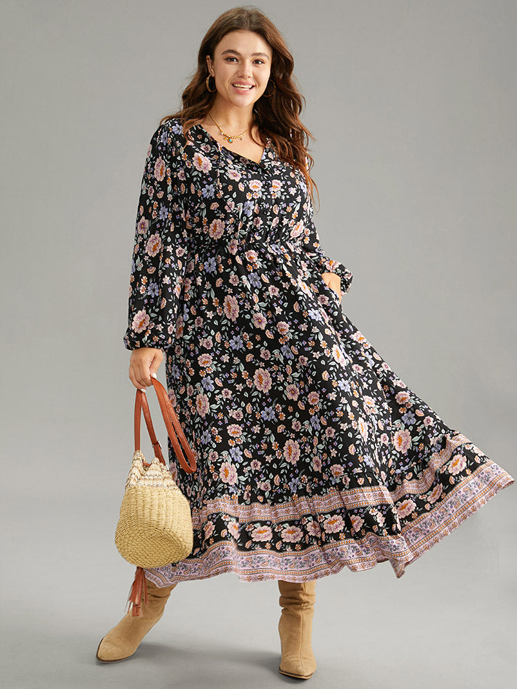 Boho Print Lantern Sleeve Elastic Waist Dress