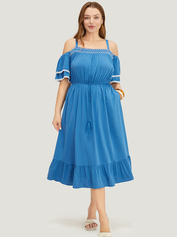 Solid Tiered Sleeve Pocket Ruffles Cold Shoulder Pompom Trim Dress